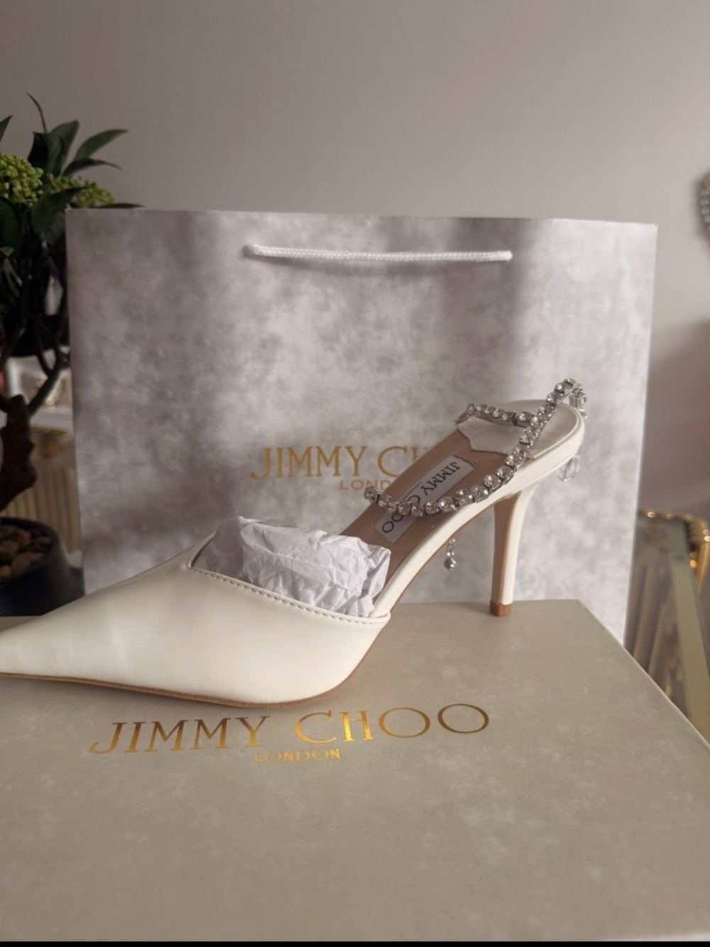 Jimmy Choo white crystal ankle strap heels